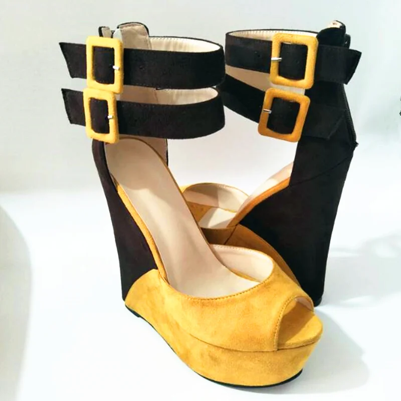 Обувь; женские босоножки на танкетке; модная обувь; ; цвет желтый, коричневый; замша; босоножки на танкетке 16 см