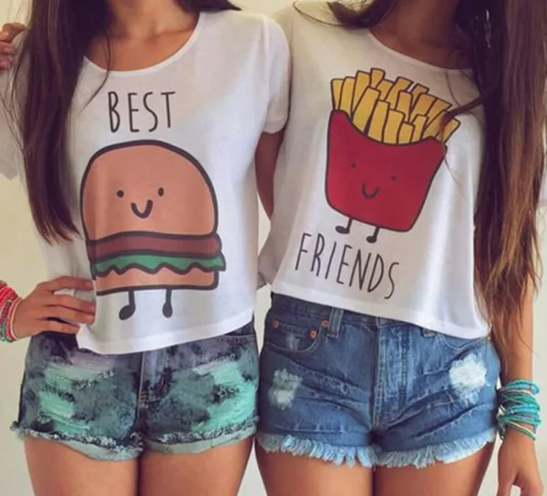 

New Casual Crop Tops Women 2017 Summer Round Neck Best Friends Print T Shirts Fashion Short Sleeve Printed Shirt Female
