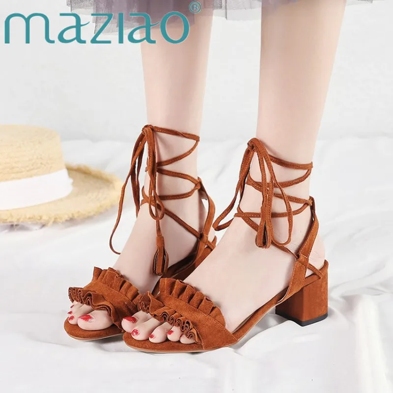 

MAZIAO Women Cross-Strap Flock Ruffles Sandals Summer Ladies Fashion Woman Square Heel Femme Shoes Woman Sandals Size 33-43
