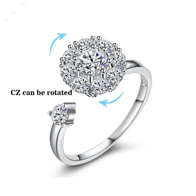Real 925 sterling silver Rotating Ring Design Sparking Clear CZ Crystal ...