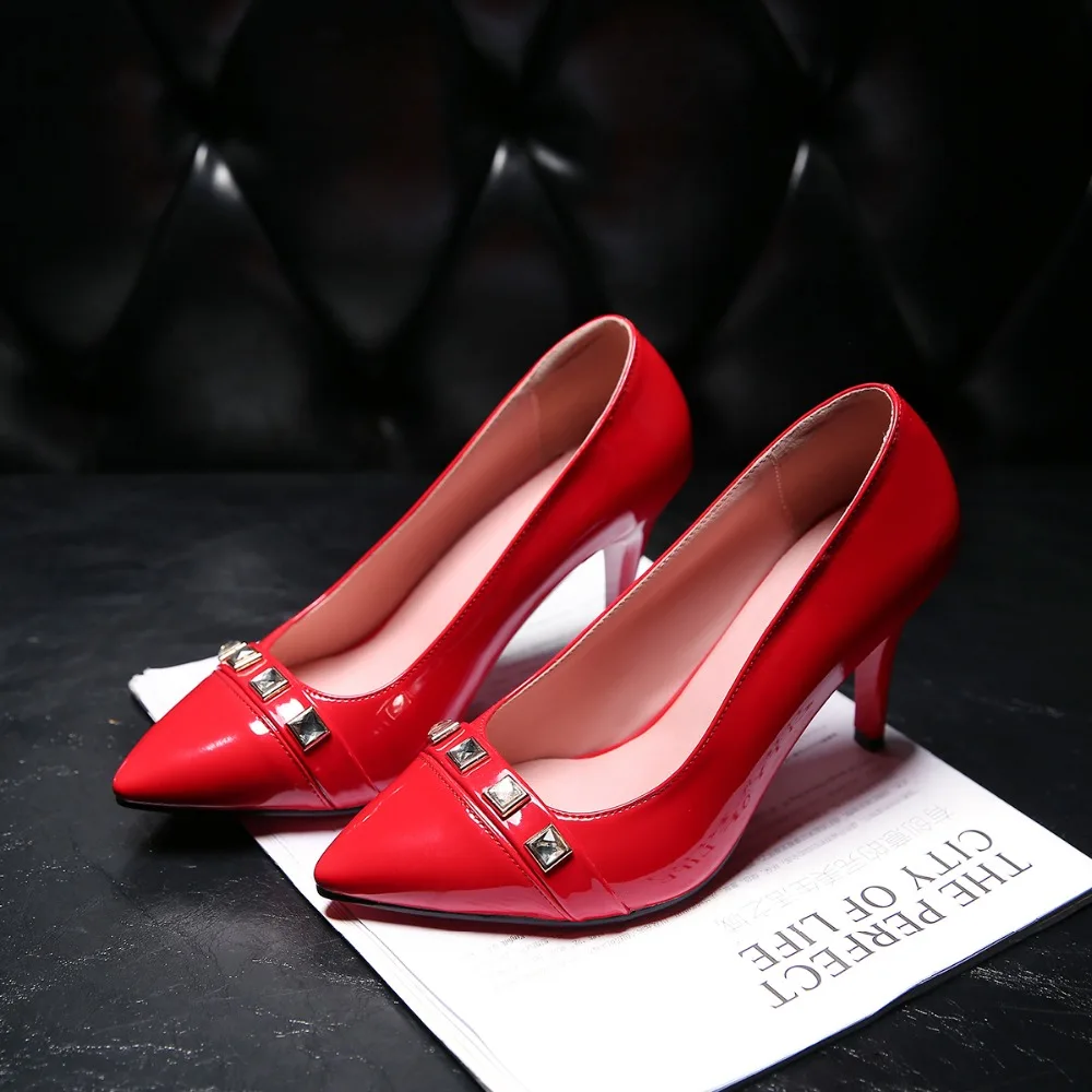 

Best Sell Fashion Bling Stone Patent Leather Women High Heels Spring Pumps Pointed Toe Shallow Mouth Solid Color Hihg Heel Shoes