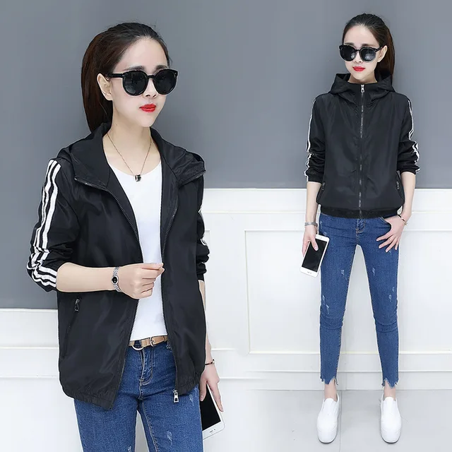 2019 Women Harajuku Spring Zipper Hooded Loose Casual Big Windbreaker