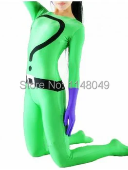 

Free Shipping Green Question Mark Pattern Spandex Superhero Costume for Woman