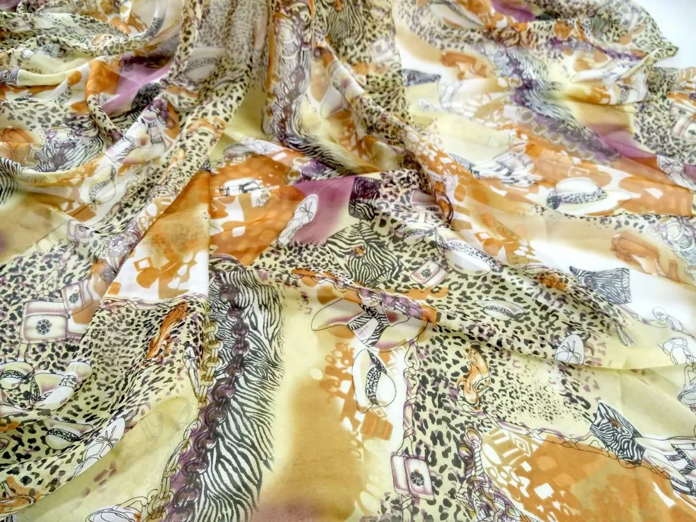 Мода 140 см в ширину 8 мм Желтый леопардовый принт с цепью с цветочным принтом Шелковая шелковая шифоновая ткань для платья рубашка ткань для шарфа