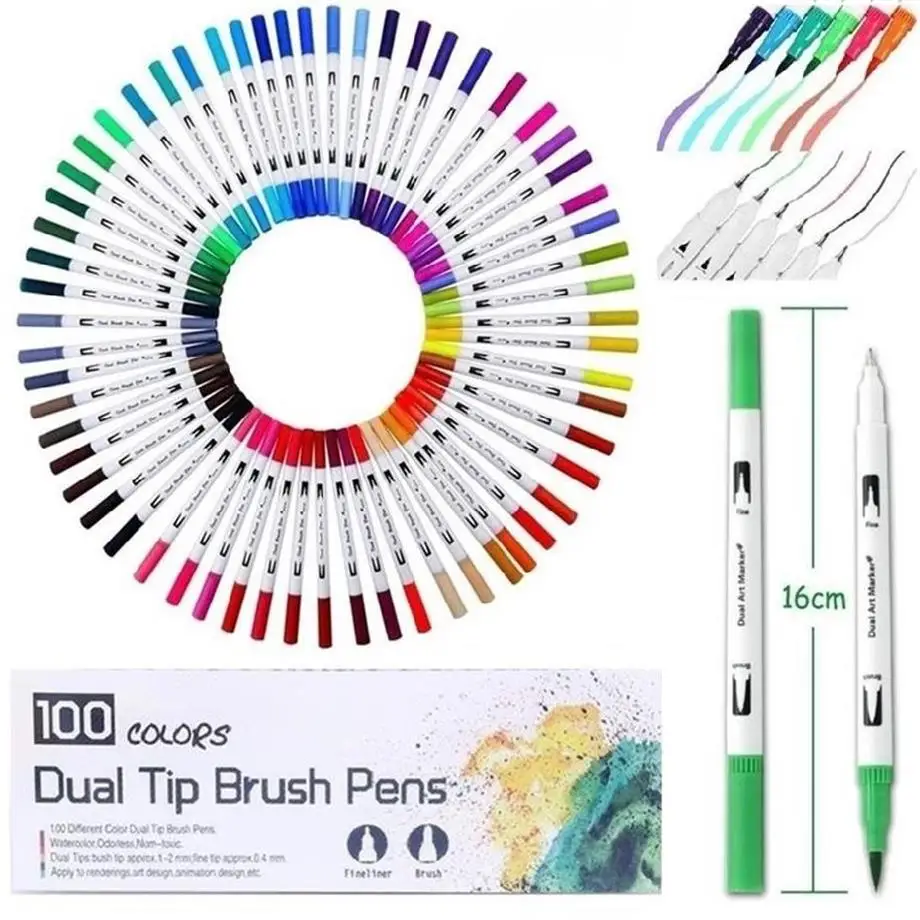 100 Color Dual Brush Art Markers Pen Fine Tip and Brush Tip Great for