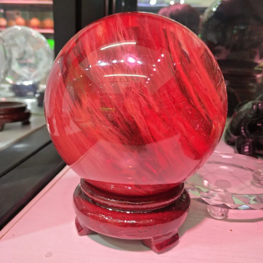 8 см красный плавильный хрустальный шар натуральный фэн шуй волшебный целебный хрустальный шар, драгоценный камень+ кронштейн