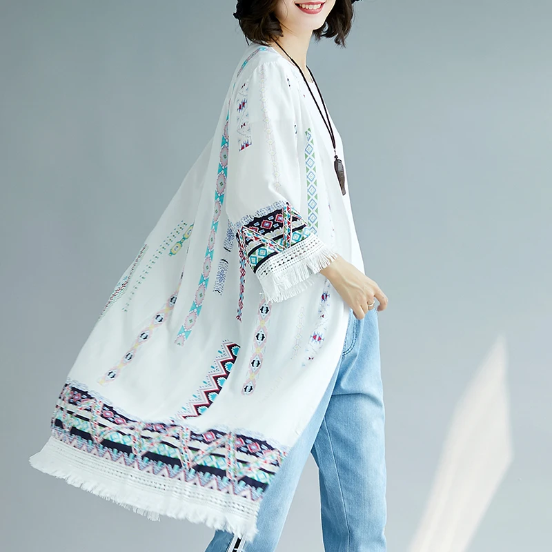 

Bohemian Style Long Kimono Cardigan Women Artificial Cotton Summer Cardigans Ethnic Print Crochet Hem Tassel Fringed Cardigans