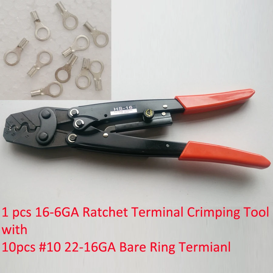 

Crimping tool AWG16-6 HS-16 with 10pcs Non-insulated Wire Ring Terminal Connector 22-16AWG and Ratchet Terminal Crimper