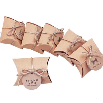 

50pcs/Lot Cute Kraft Paper Pillow Candy Box Wedding Favors Gift Candy Boxes With Tags Home Party Birthday Supply