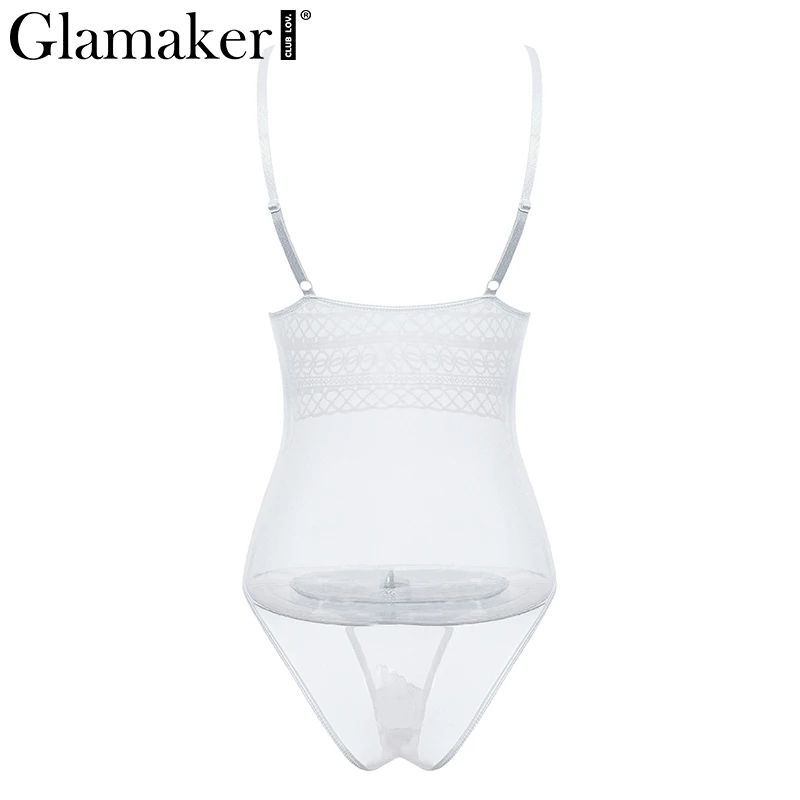Glamaker Sexy lace transparent mesh bodysuit Women jumpsuit white bodycon black backless bodysuit Female summer bodysuit ladies Glamaker Sexy lace transparent mesh bodysuit Women jumpsuit white bodycon black backless bodysuit Female summer bodysuit ladies