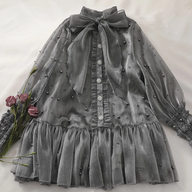 

2019 summer new elegant beaded women dresses gray bow ruffles lantern sleeved loose 2 pieces dresses suits top quality