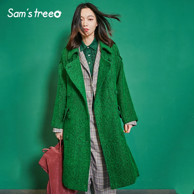 

Samstree New Winter Vogue Women Wool Coat Oversize Long Double-Breasted Belt Turn-down Collar Pocket Outwear Coat Over Size