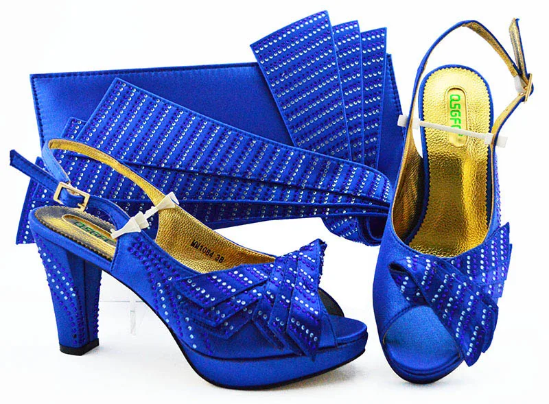 

R.blue Color Shoes and Bag Set African Sets 2019 Matching Italian Shoes and Bag Set Decorated with Rhinestone Nigerian Shoe Bag