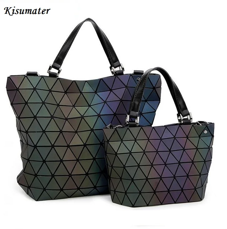 

2019 HOT Women Geometry Sequins Mirror Plain Folding Bags Luminous Bag PU Casual totes female handbag FashionLogo Bag