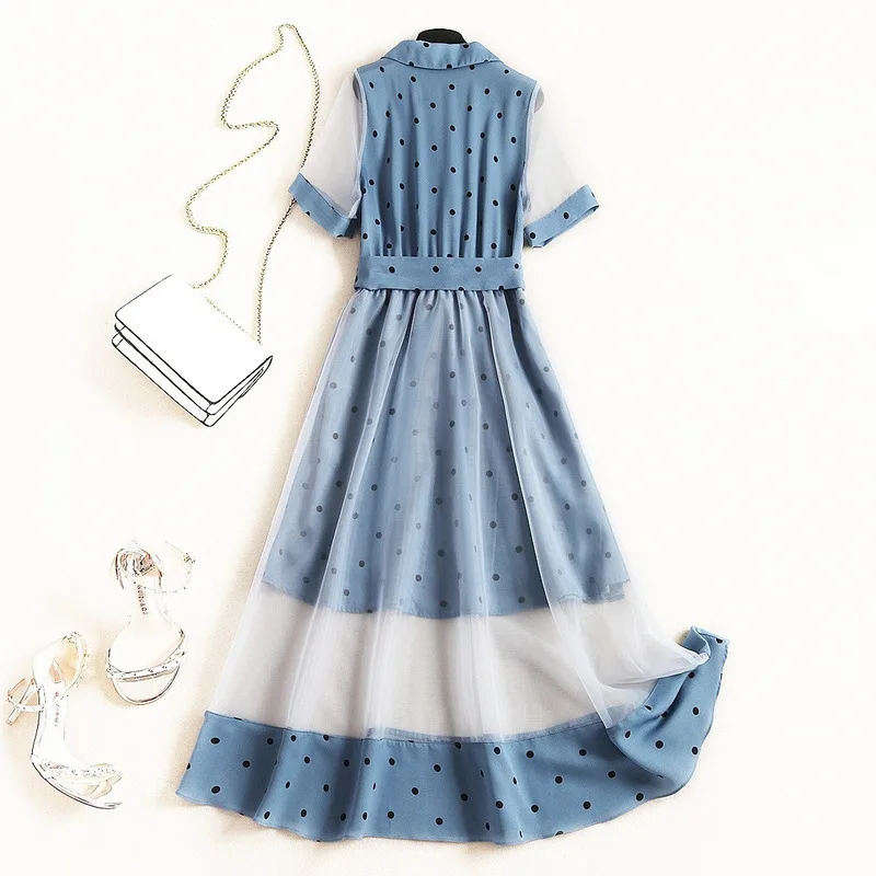 Shuchan Blue Patchwork Polka Dot Dress with Sashes Women's Summer Sundress Vestidos Women's Dress 2019 New Design Clothing 51192