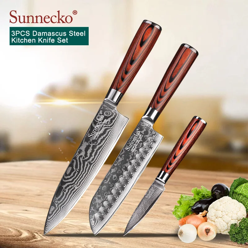 

SUNNECKO 3PCS Kitchen Knife Set Chef Santoku Knives 73-Layers Damascus VG10 Steel Sharp 60HRC Pakka Wood Handle Cutting Tools