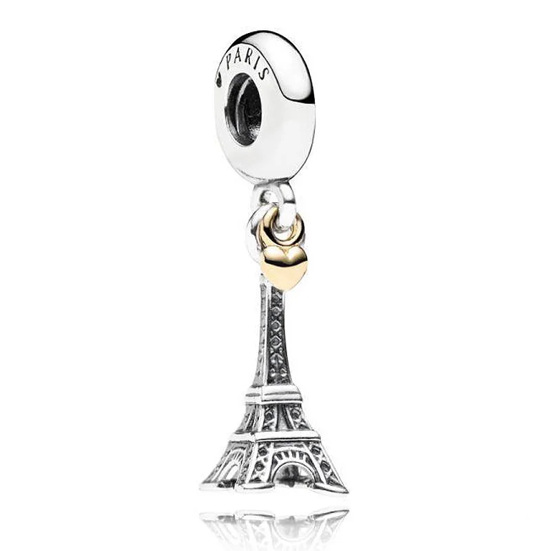 

Authentic 925 Sterling Silver Bead Charm Paris Eiffel Tower & Gold Heart Pendant Beads Fit Pandora Bracelet Bangle DIY Jewelry