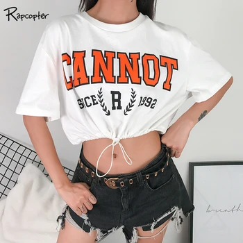 

Rapcopter Harajuku Lady Drawstring Short Sleeve Cropped Tee Shirt Female Printed Letter Casual Korean Summer Loose Crop Top 2019