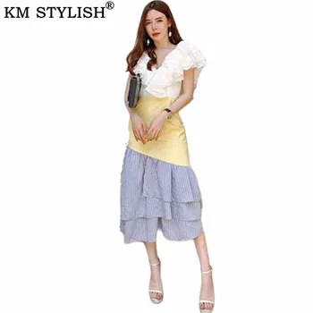 

Thailand 2019 Summer Resort Fresh V-neck high waist dress Medium long color matching Stripe Irregular Ruffle One-piece Dress