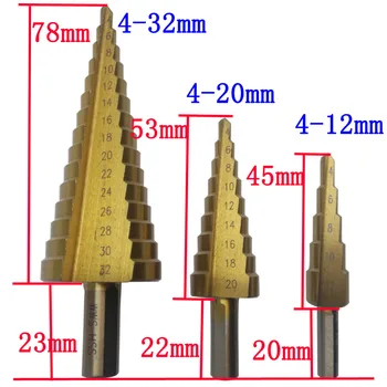 

4-32 4-20 4-12 Gold Color Triangular Handle Stepped Drill Pagoda Drill Steps High Speed Steel Drill 3pcs Set