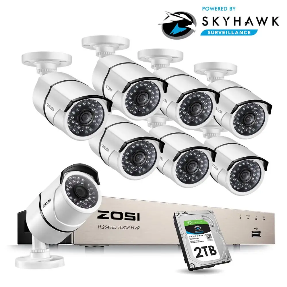 ZOSI 1080P 8CH Network PoE Video Surveillance System 8pcs 2MP Outdoor Indoor Bullet IP Cameras CCTV