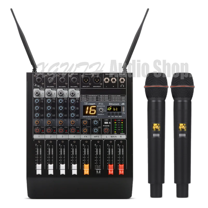 

4 Channel 16 DSP Digital Effect Power Amplifier Studio Audio Mixer Bluetooth USB Mixing Console 2 Handheld Wireless Microphone