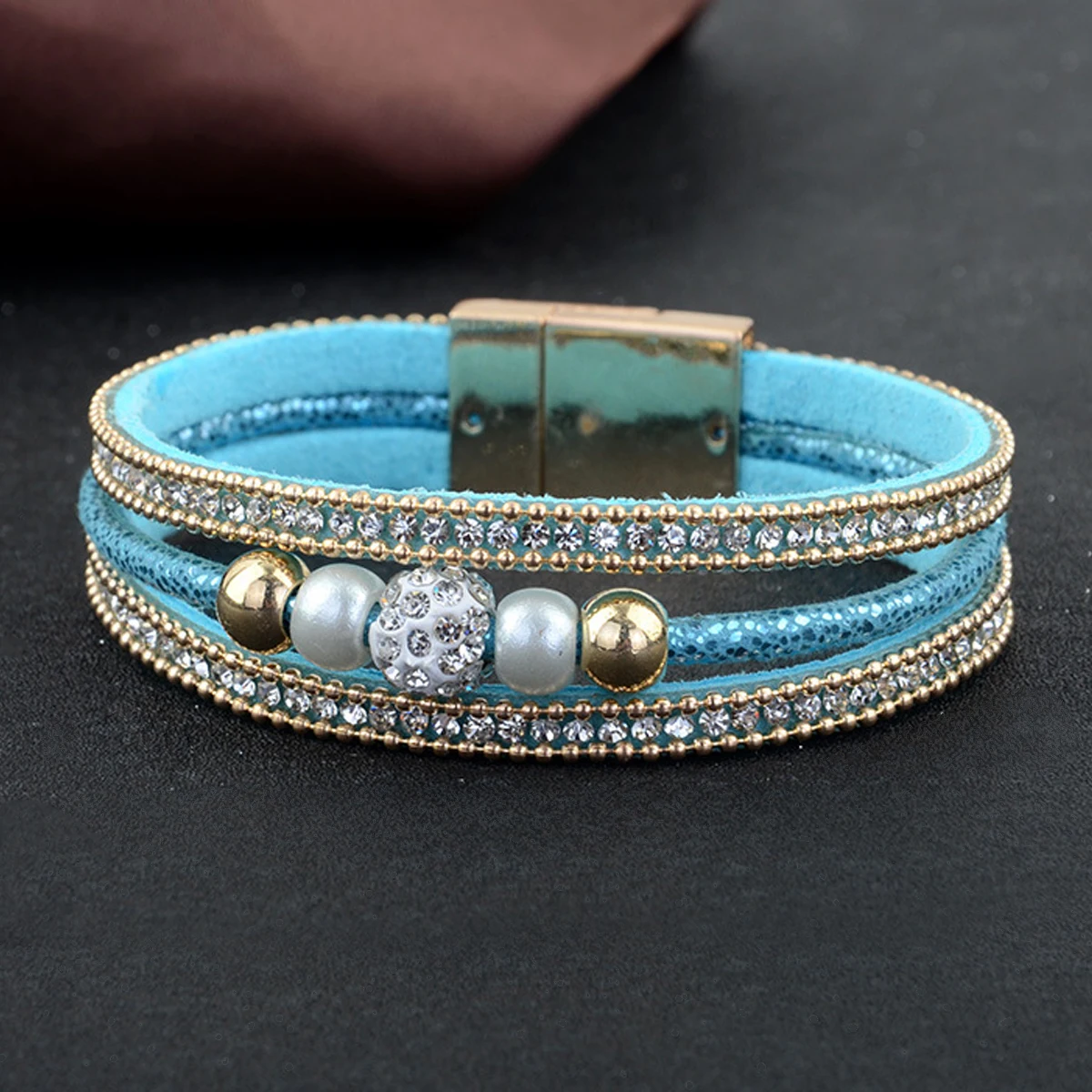 Vintage Fashion Women Bracelet Jewelry Leather Multilayer Luxury Full Crystal Beads Bracelets Punk Charm Magnetic Bangle Cuff