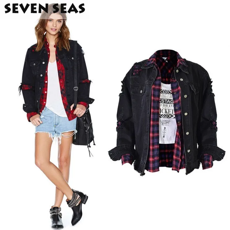 womens black ripped denim jacket