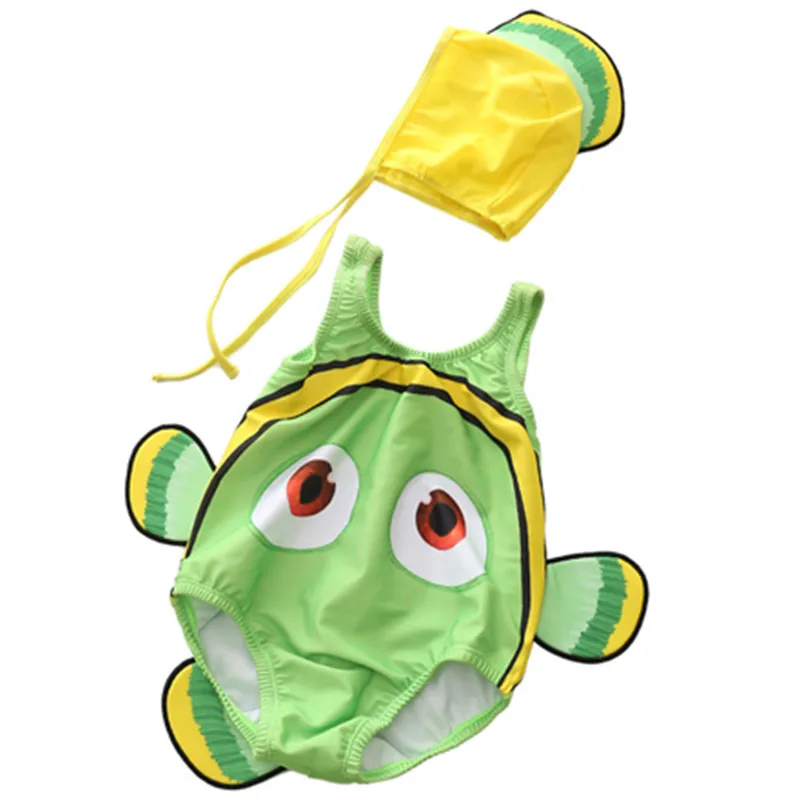 Слитный купальный костюм для малышей, милый купальный костюм с рисунком Немо, купальный костюм с шапочкой для плавания, От 1 до 3 лет, принт с рыбами, детский купальный костюм с объемным животным - Цвет: Green Nemo