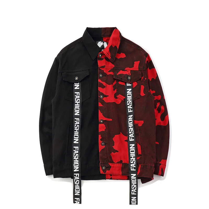Red Camouflage Denim Jacket Men Hip Hop 