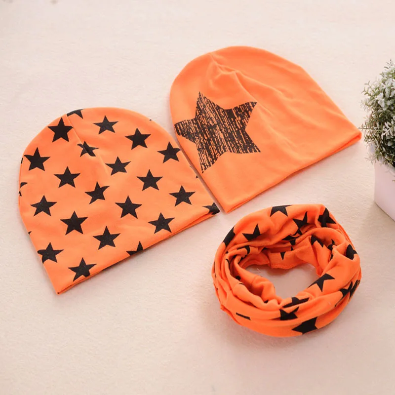 Демисезонный детская шапка шарф для девочек, для мальчиков с принтом звезды хлопок Кепки шрам O кольцевой ошейник теплая шапочка шарфы - Цвет: 3 pcs orange