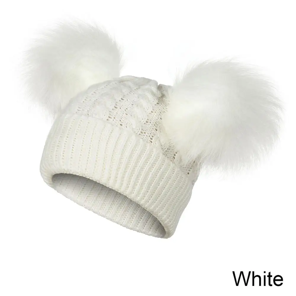 Модная зимняя детская шапка с 2 помпонами, однотонная, нежная, с узором, унисекс, со знаком, осенняя и зимняя теплая шапка - Цвет: white 2