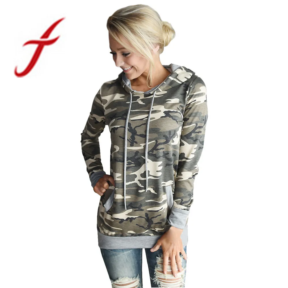 

Feitong Autumn Womens Sweatshirts Casual Camouflage Printing Pocket Hoodies Hooded Pullover Tops camiseta feminina Best Quality