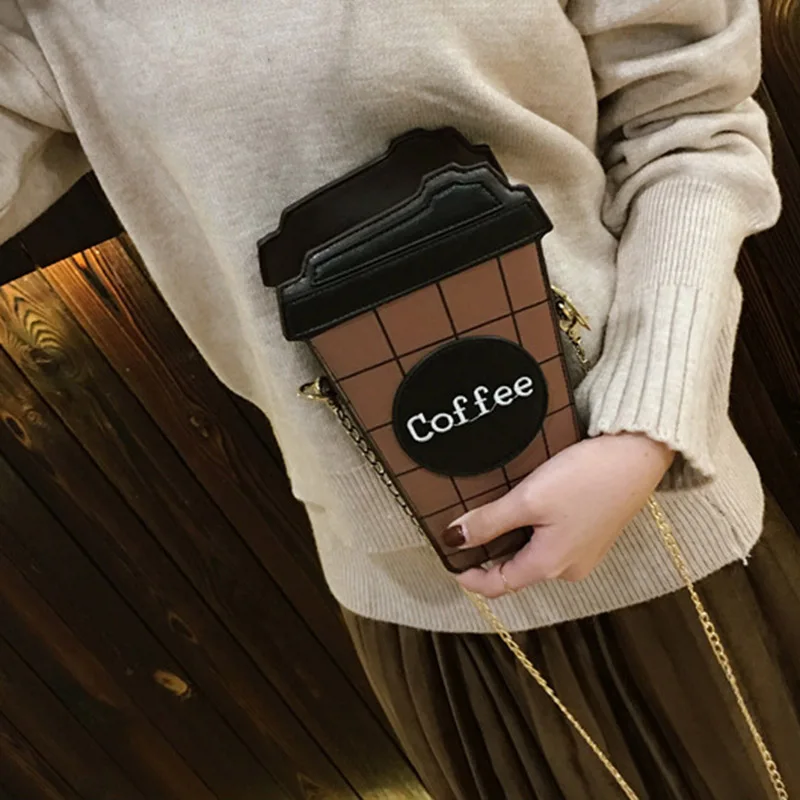 Women Shoulder Bag PU Leather Coffee Cup Shape Metal Chain Casual