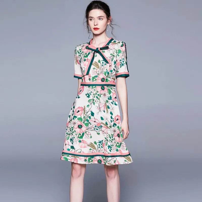 

2019 New Runway Elegant Foral Print Beach Women Dress Bow O neck Summer Sexy Holiday Bohemia Casual Female dresses Vestidos robe
