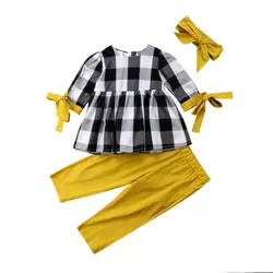 3 шт. для маленьких девочек плед Топы корректирующие галстук бабочка платье с длинными рукавами однотонные длинные брюки леггинсы повязка