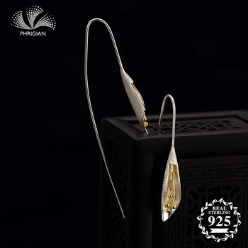 

NOT FAKE S925 Fine Jewelry Earrings 925 Sterling Silver Women Handmade Vintage Nature Retro Exquisite lily shell silver gold