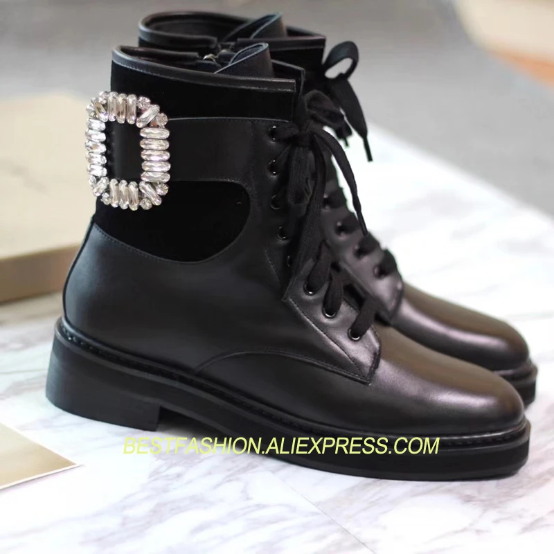 

2018 Hot Autumn Winter Shoes Woman Ankle Boots Square Crystal Buckle Woman Genuine Leather Lace Up Round Toe Knight Boots Mujer