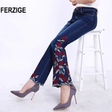 FERZIGE, известный бренд, джинсы для женщин, с цветочной вышивкой, эластичные сапоги, расклешенные брюки, повседневные женские брюки, клеш