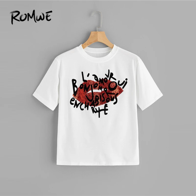 

ROMWE Contrast Sequin Letter Print Tee New Women Round Neck Tops Summer 2019 White Casual Short Sleeve Printed Tee Shirt