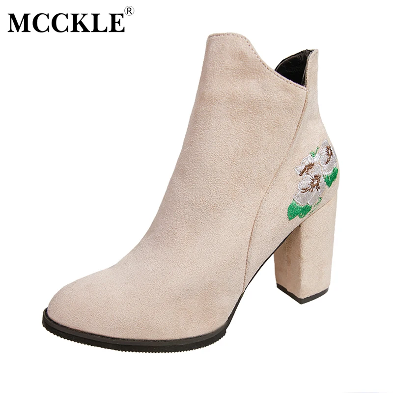 

MCCKLE Women's Fashion Flower Embroidery Zip Slip On Ankle Boots Ladies Solid Pointed Toe Style Thick Heel Black High Heels