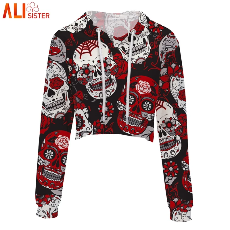  Alisister Women Crop Hoodies Sweatshirt Weed Leaf Skull Print Short Hooded Pullover Summer Autumn H