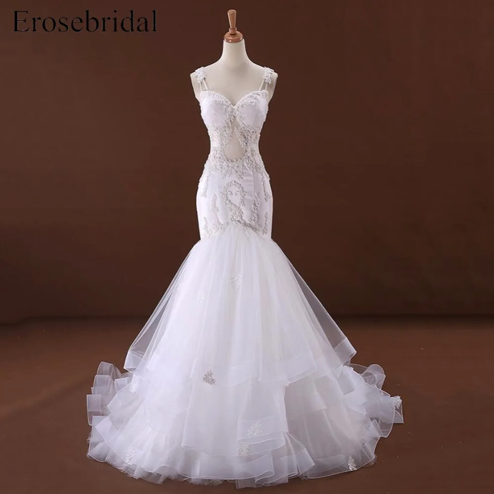 

Mermaid Wedding Dress with Appliques Spaghetti Straps Lace up Back Trumpet Bridal Gown with Court Train vestito sposa YY115