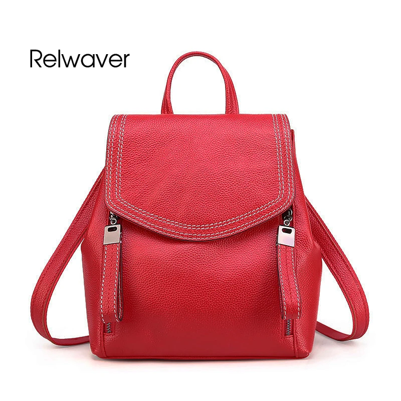 

Leather backpack genuine leather cowhide wine red black brown middle size embroidery all match multi function women backpack