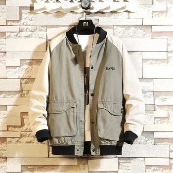 

Bomber Jacket Men Baseball Collar Patchwork Big Pockets Cotton Casual Outwear Mans Autumn Fashion Coats Jacket
