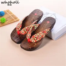 WHOHOLL Geta/Летние босоножки женские туфли на танкетке; Вьетнамки; деревянные Сабо; Домашние шлепанцы для ванной; женские шлепанцы