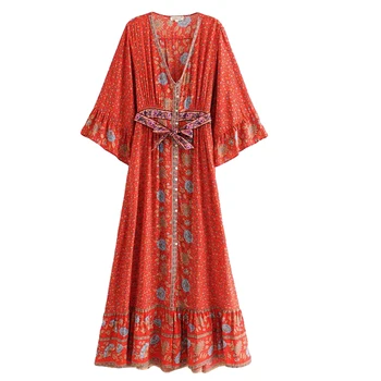 

Summer Vintage Floral Print With Sashes Long Dress Women 2020 Fashion Kimono Sleeve Maxi Beach Dresses Vestidos Mujer