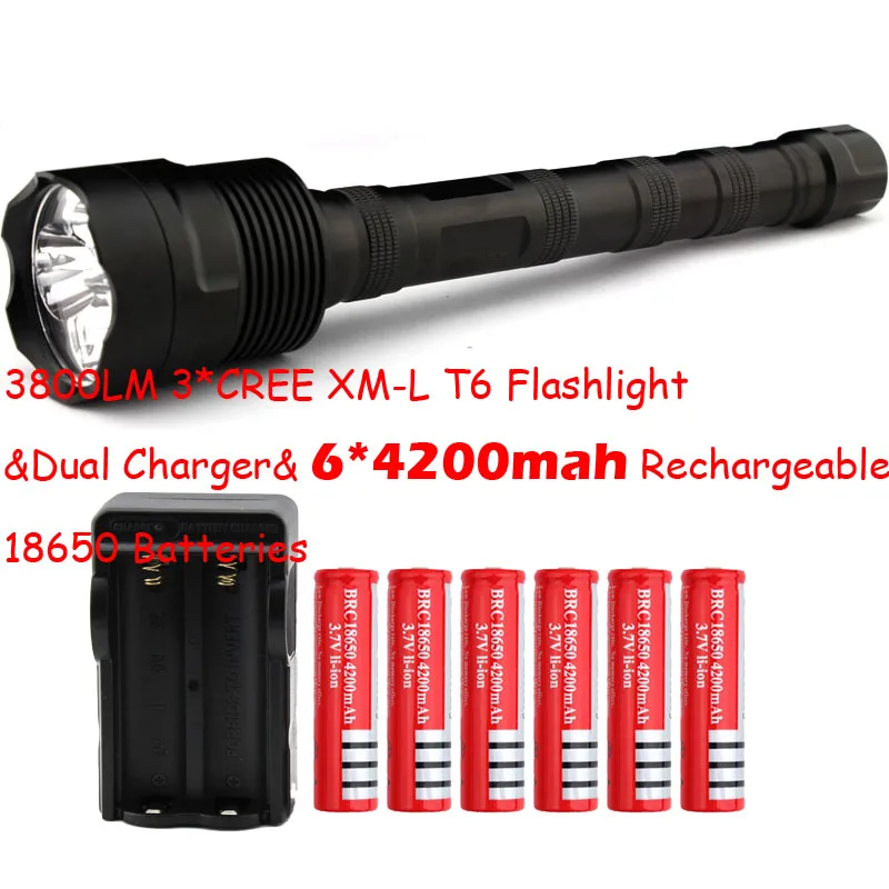 

Big Discount! 3 * XM-L T6 3T6 Flashlight 5 Mode 3800 Lumen XML T6 LED Flashlight + 6*18650 battery + Charger Free Shipping