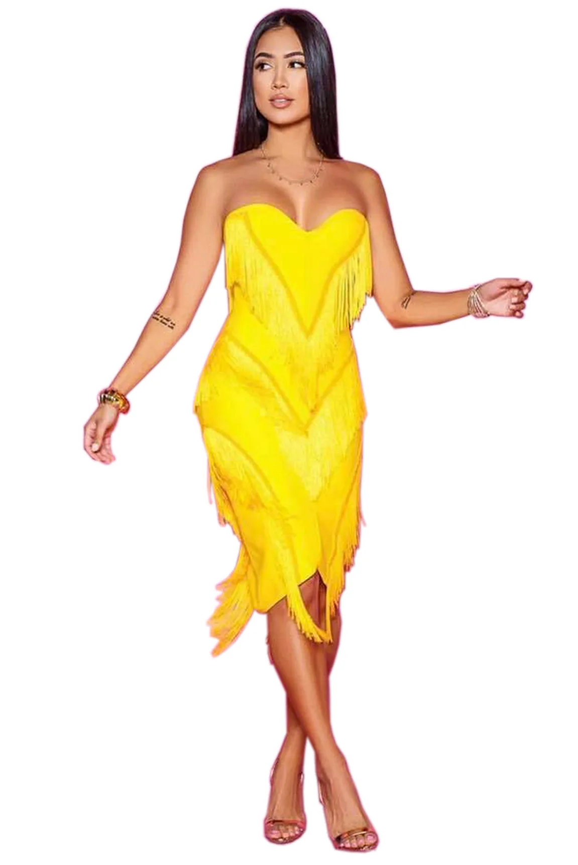 Высокое качество Новые женские пикантные без бретелек кисточкой платье с открытыми плечами без рукавов открытой спиной на молни - Цвет: yellow