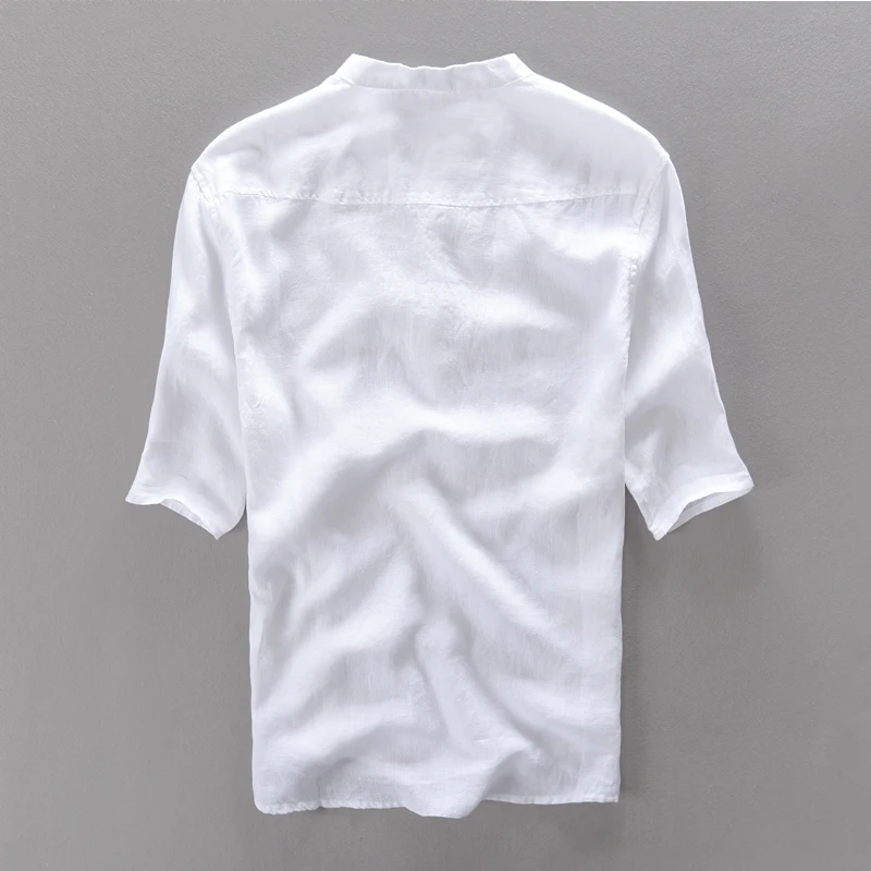100% Linen Men Casual Short Sleeve Stand Collar Shirt